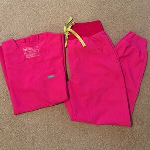 Figs Shocking Pink Catarina and High Waisted Zamora Jogger Scrub Set